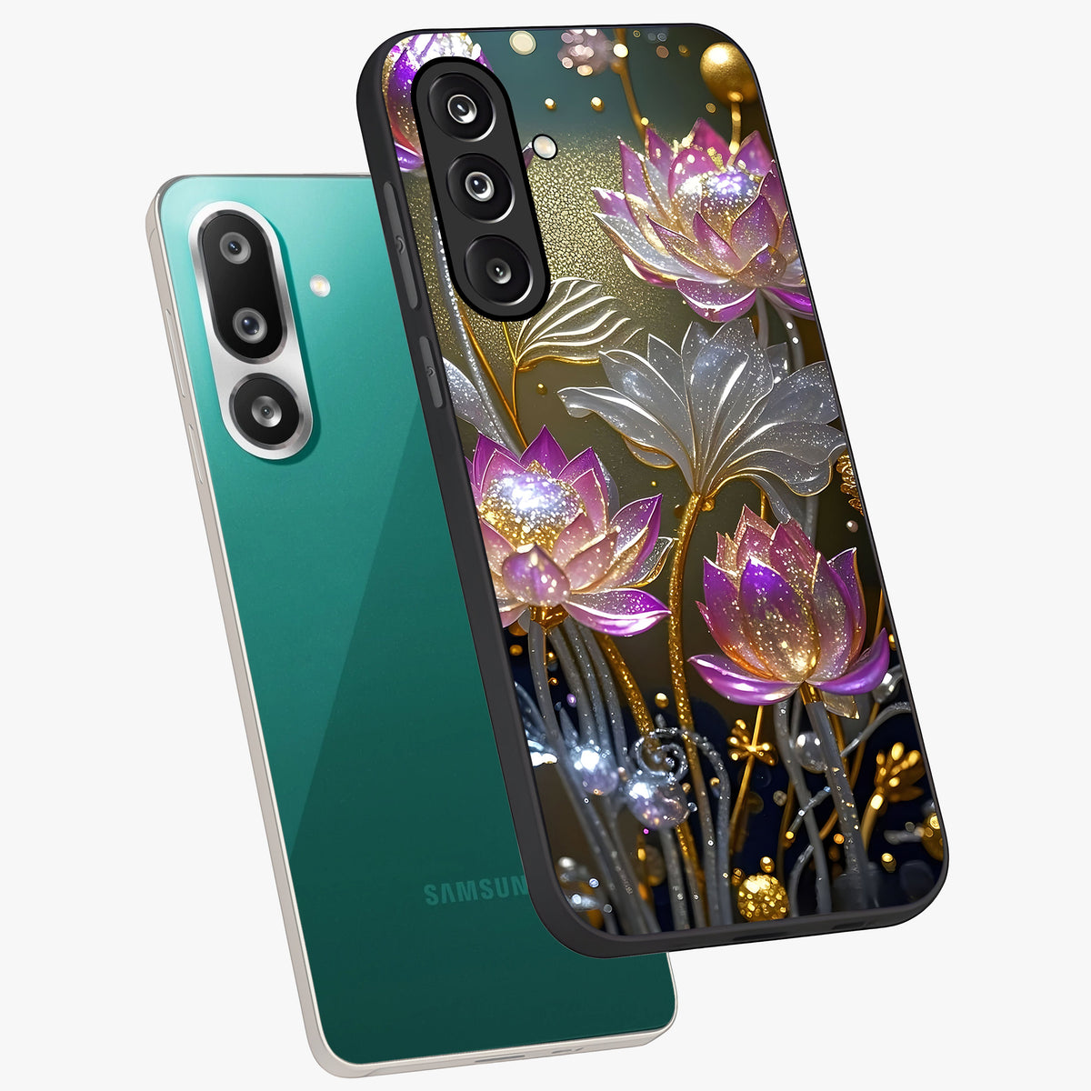 Golden Floral Majesty Glass Case displayed in angled mockup highlighting elegant flower design with royal golden aesthetic.