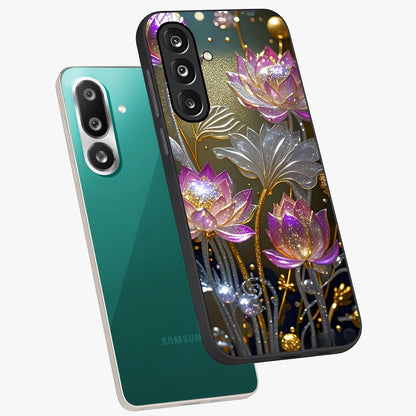 Golden Floral Majesty Glass Case displayed in angled mockup highlighting elegant flower design with royal golden aesthetic.