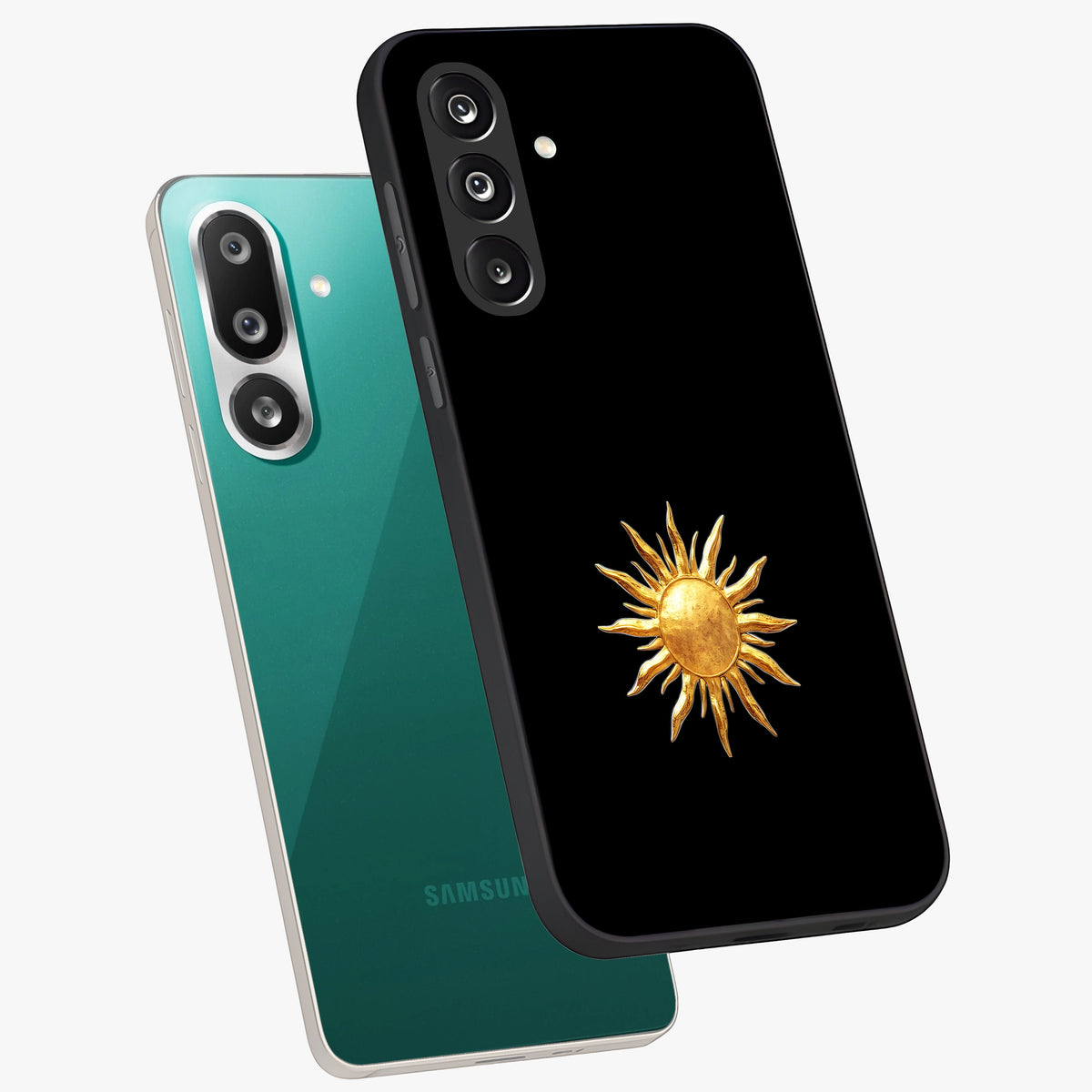 Golden Sun Minimalism Glass Case displayed in angled mockup highlighting eerie shadow illustration with gothic aesthetic.
