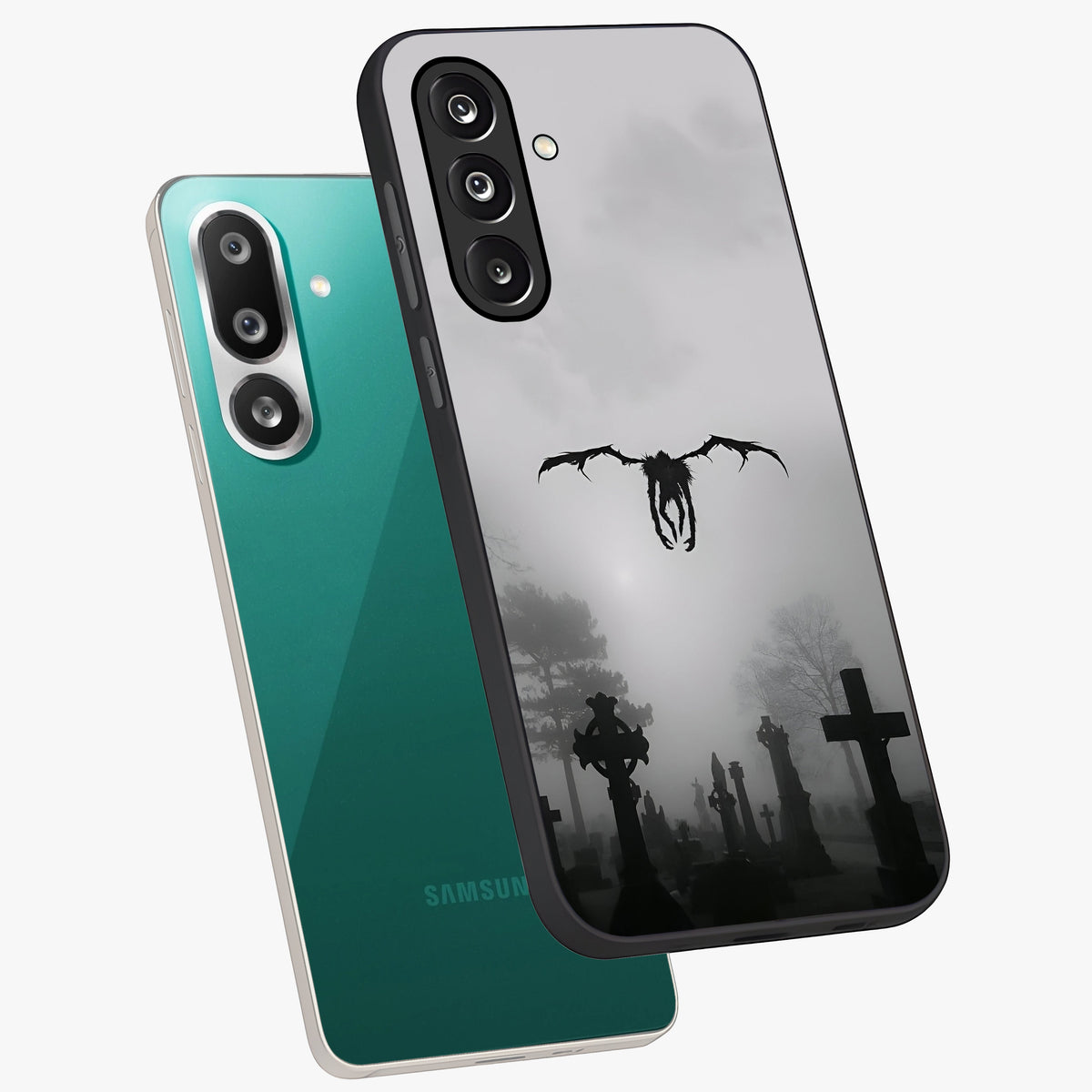 Graveyard Shadow Descent Glass Case displayed in angled mockup highlighting eerie shadow illustration with gothic aesthetic.