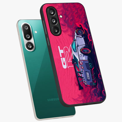 GT-R Car Pattern Glass Case displayed in angled mockup highlighting racing car graphic design with bold automotive aesthetic.