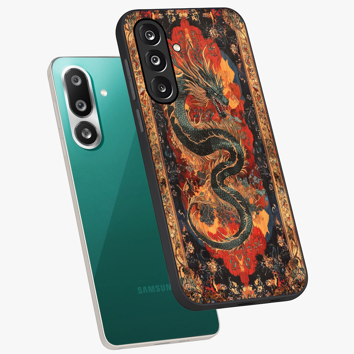 Inferno Dragon Soul Glass Case displayed in angled mockup highlighting powerful dragon illustration with inferno aesthetic.