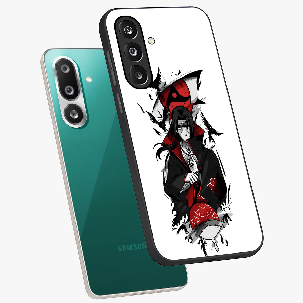 Itachi Limited Edition Naruto Anime Glass Case displayed in angled mockup highlighting dramatic anime illustration with bold action aesthetic.