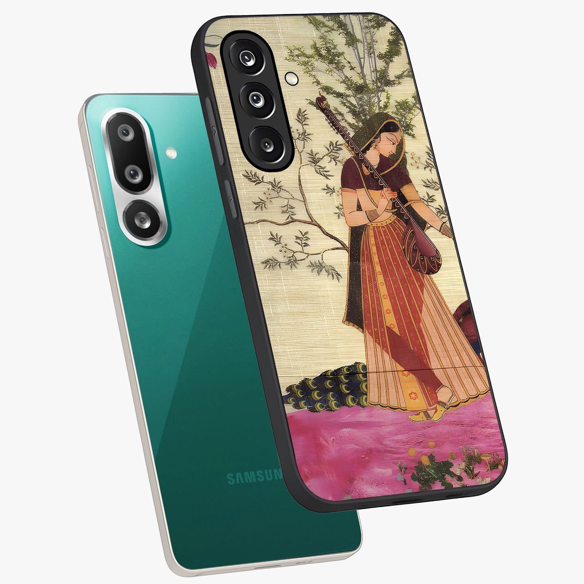 Lady With Veena Art Glass Case displayed in angled mockup highlighting graceful musical illustration with cultural artistic aesthetic.