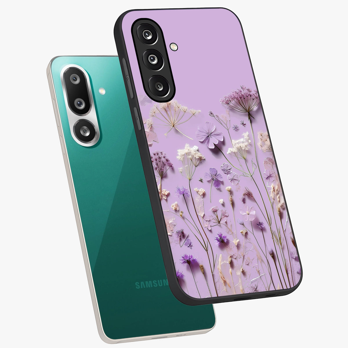 Lavender Blossom Dream Glass Case displayed in angled mockup highlighting dreamy lavender flower design with calming aesthetic style.