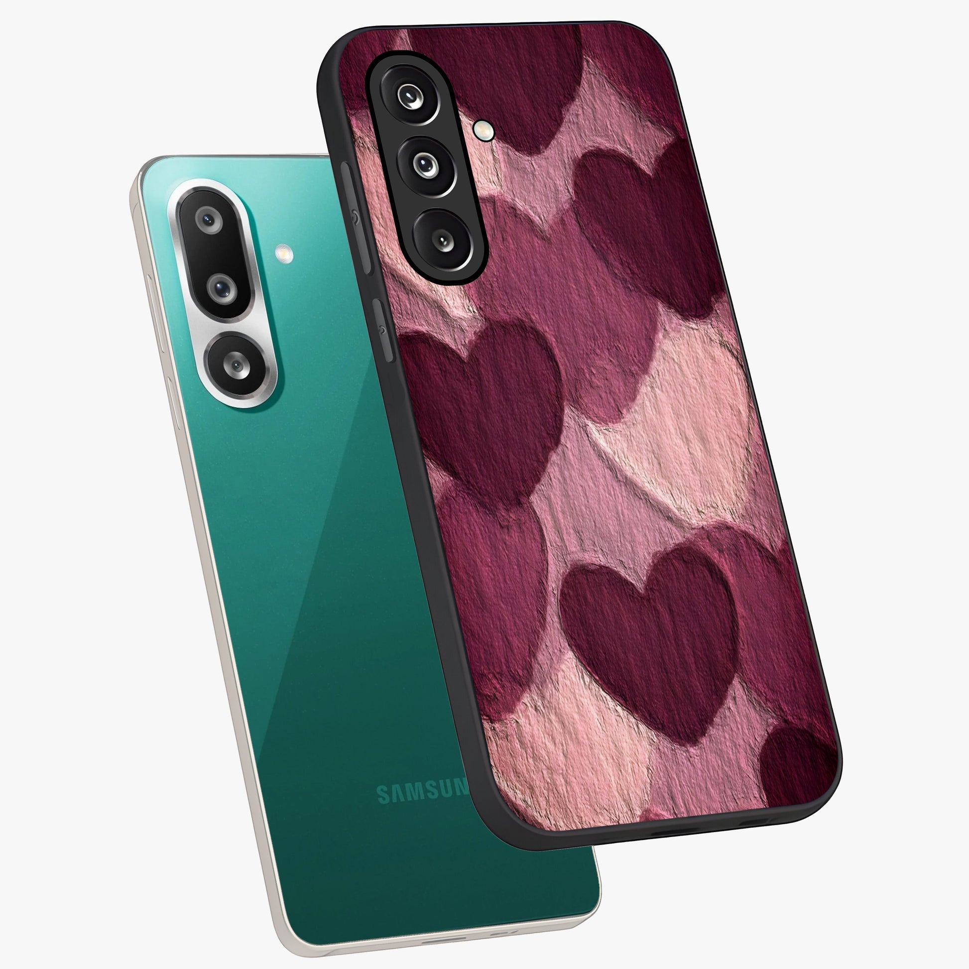 Layered Paper Hearts Glass Case displayed in angled mockup highlighting creative paper craft heart design with romantic aesthetic.