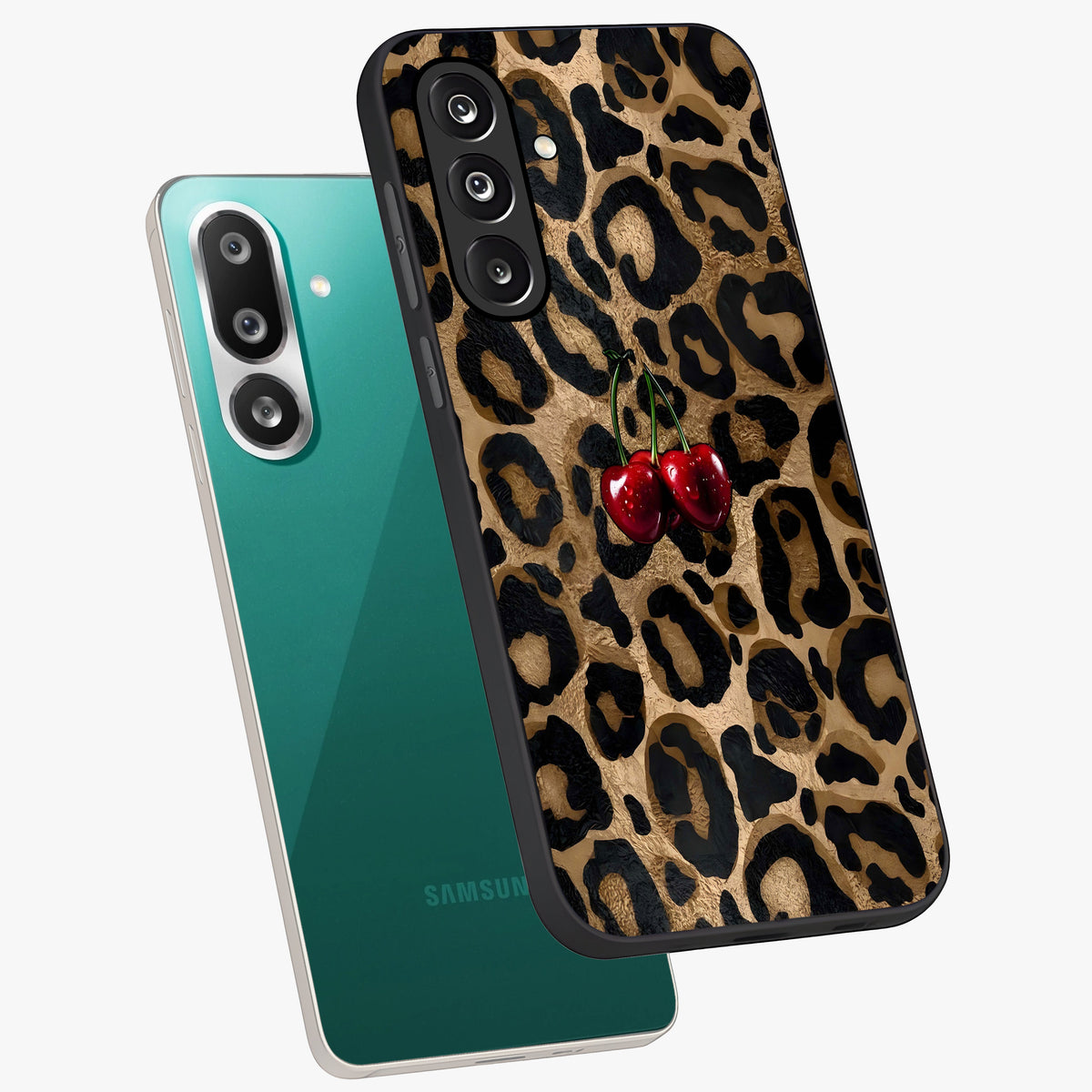 Leopard Wild Cherry Glass Case displayed in angled mockup highlighting bold animal print design with playful cherry aesthetic.