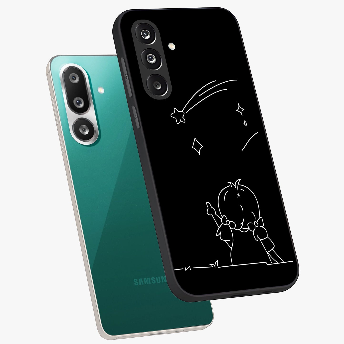 Line Art Girl With Shooting Stars Glass Case displayed in angled mockup highlighting elegant line art design with dreamy star aesthetic.