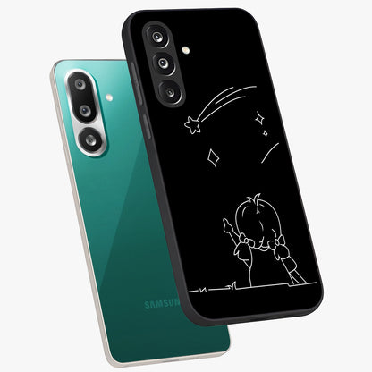 Line Art Girl With Shooting Stars Glass Case displayed in angled mockup highlighting elegant line art design with dreamy star aesthetic.