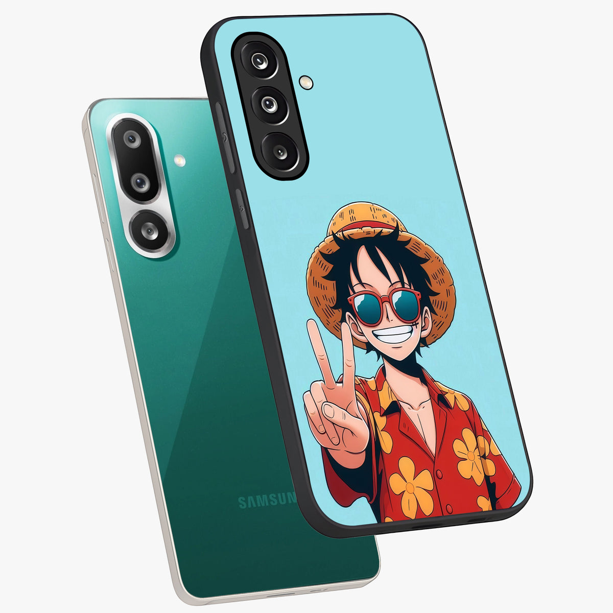 Luffy Summer Anime Vibe Glass Case displayed in angled mockup highlighting energetic anime illustration with summer vibe aesthetic.