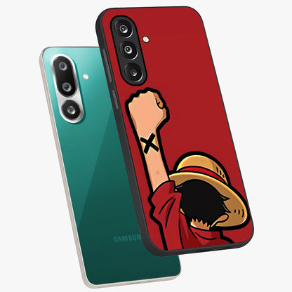 Luffy X Spirit Glass Case displayed in angled mockup highlighting powerful anime design with energetic action aesthetic.