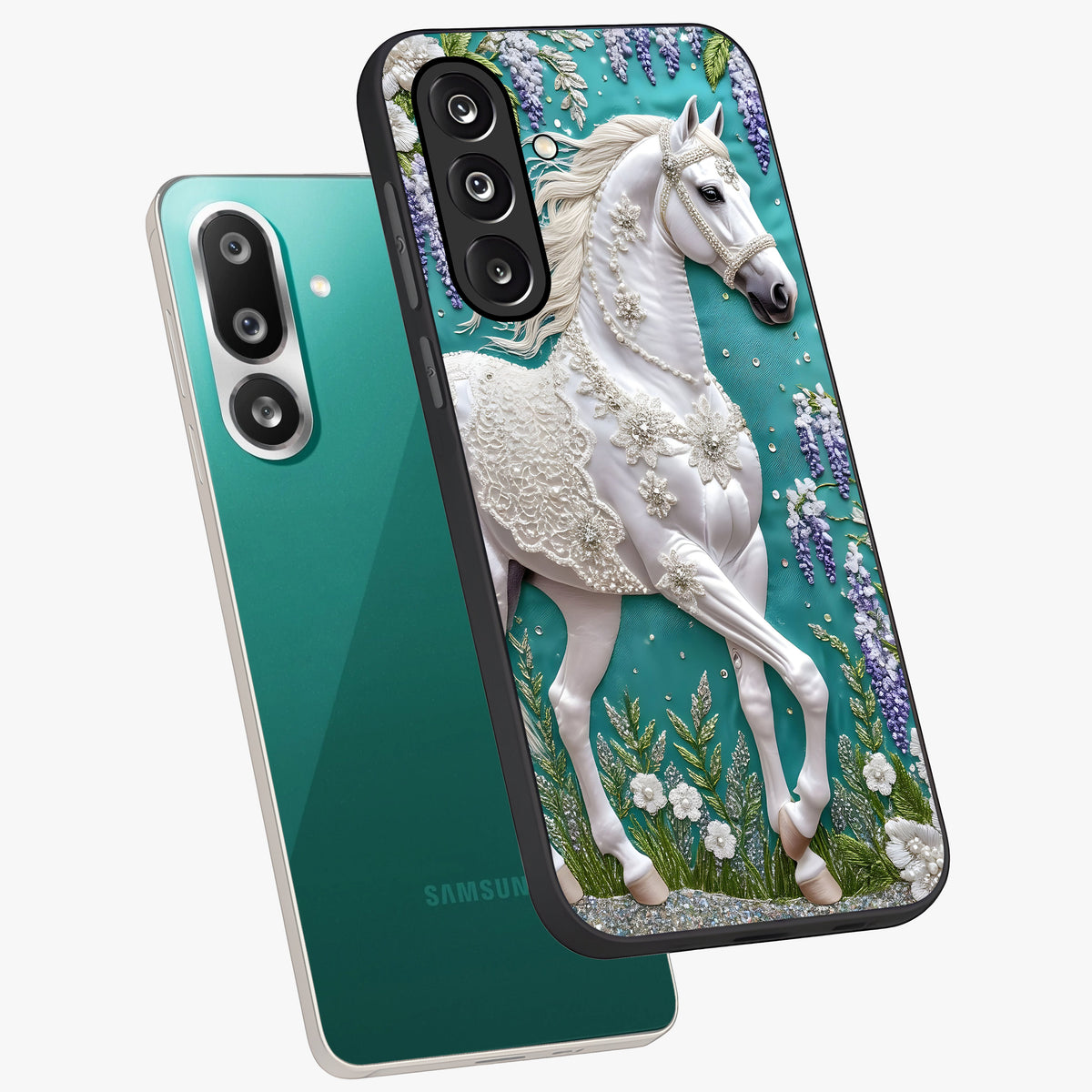 Majestic Floral Stallion Glass Case displayed in angled mockup highlighting majestic stallion illustration with elegant floral aesthetic.