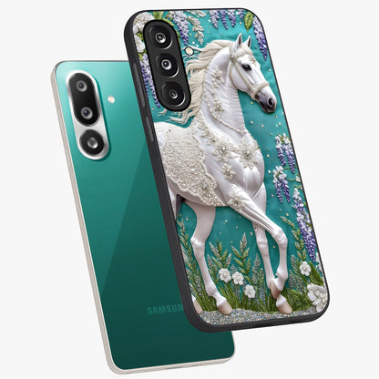 Majestic Floral Stallion Glass Case displayed in angled mockup highlighting majestic stallion illustration with elegant floral aesthetic.