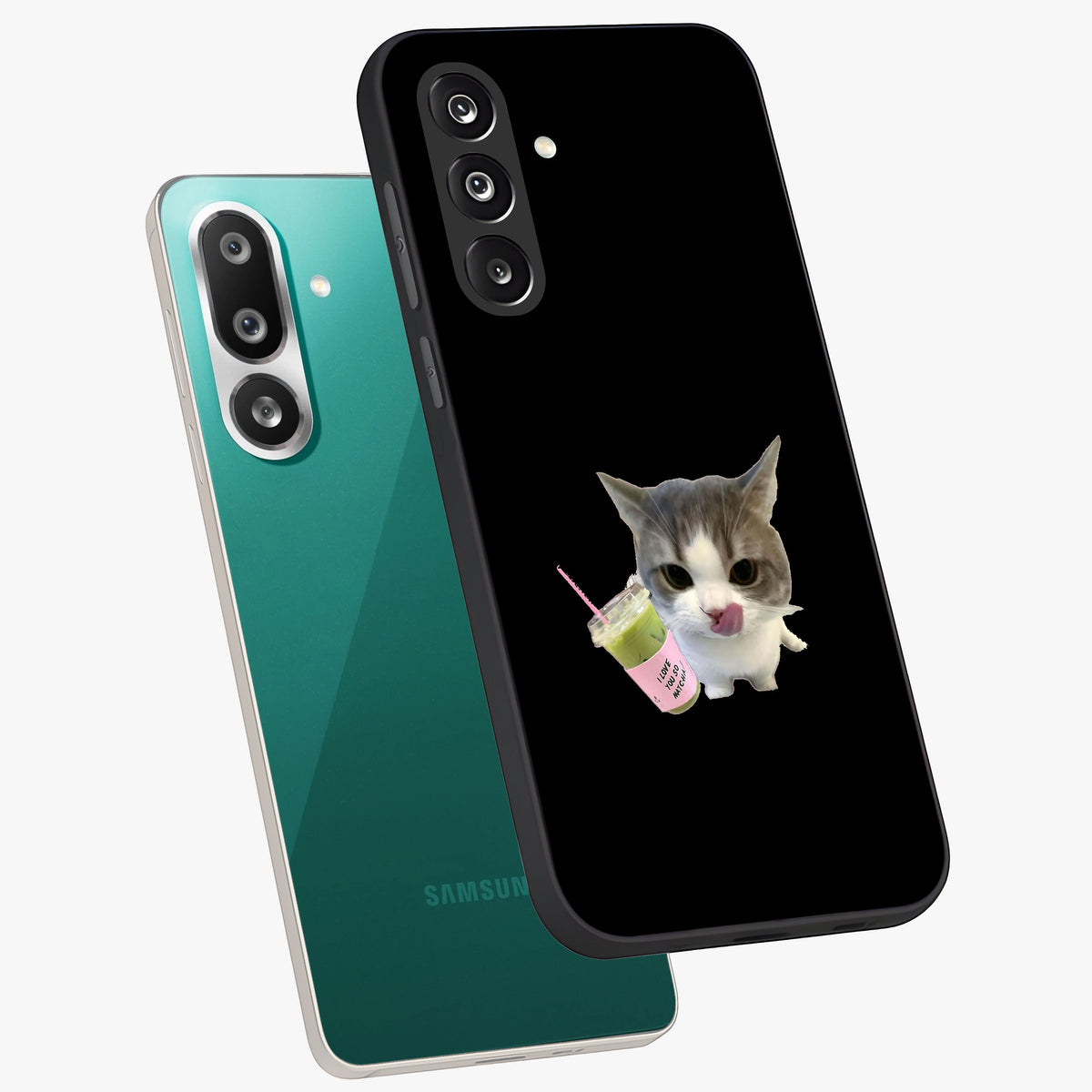 Matcha Cat Style Glass Case displayed in angled mockup highlighting playful feline design with pastel matcha aesthetic.