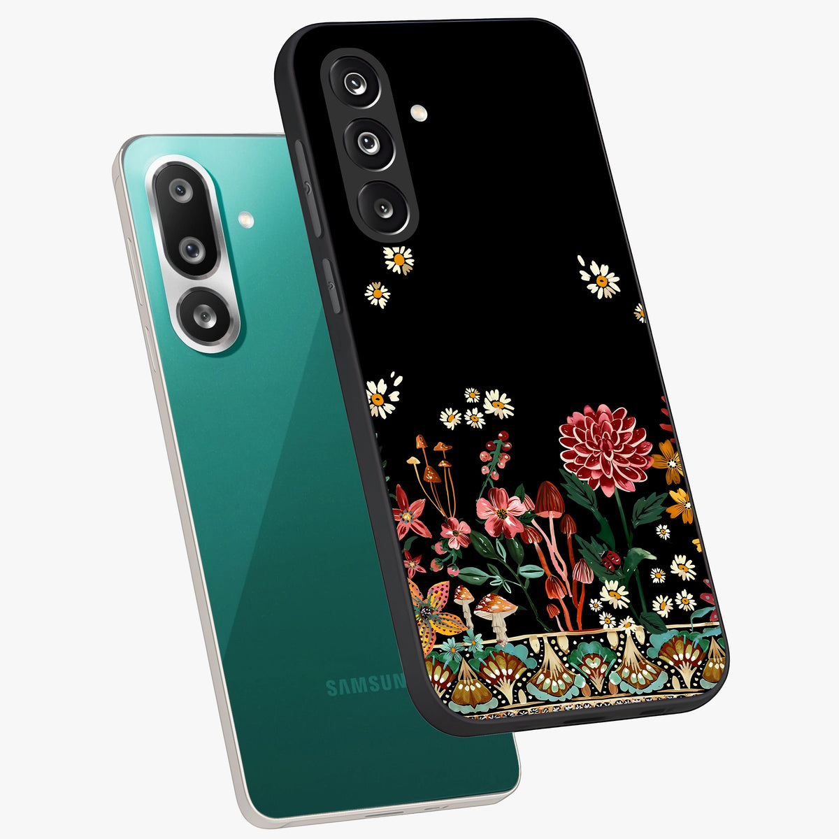 Midnight Bloom Pattern Glass Case displayed in angled mockup highlighting elegant flower design with midnight aesthetic style.