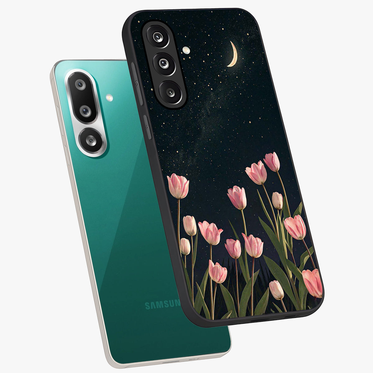 Midnight Tulip Whispers Vibe Glass Case displayed in angled mockup highlighting delicate tulip design with midnight floral aesthetic.