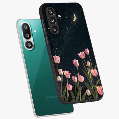 Midnight Tulip Whispers Vibe Glass Case displayed in angled mockup highlighting delicate tulip design with midnight floral aesthetic.