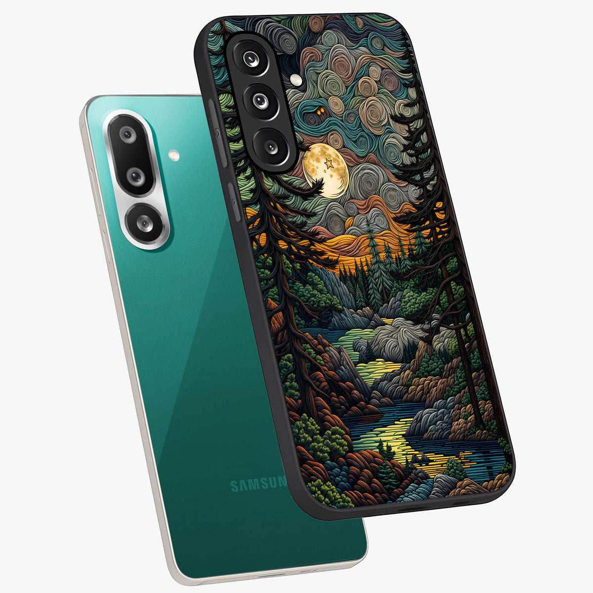 Moonlight Forest Dream Glass Case displayed in angled mockup highlighting dreamy forest design with glowing moon aesthetic.
