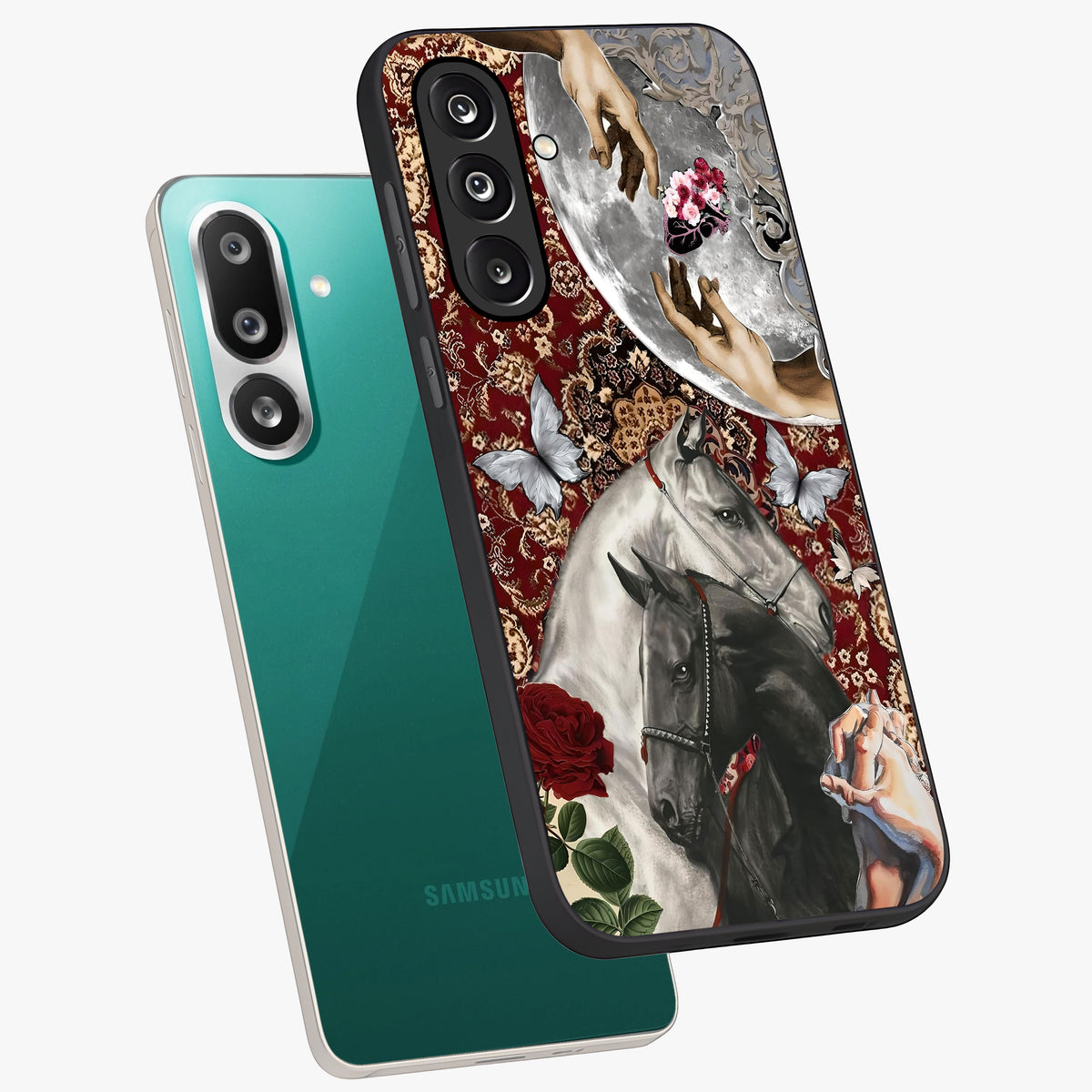 Moonlit Royal Stallion Glass Case displayed in angled mockup highlighting powerful stallion illustration with royal night aesthetic.