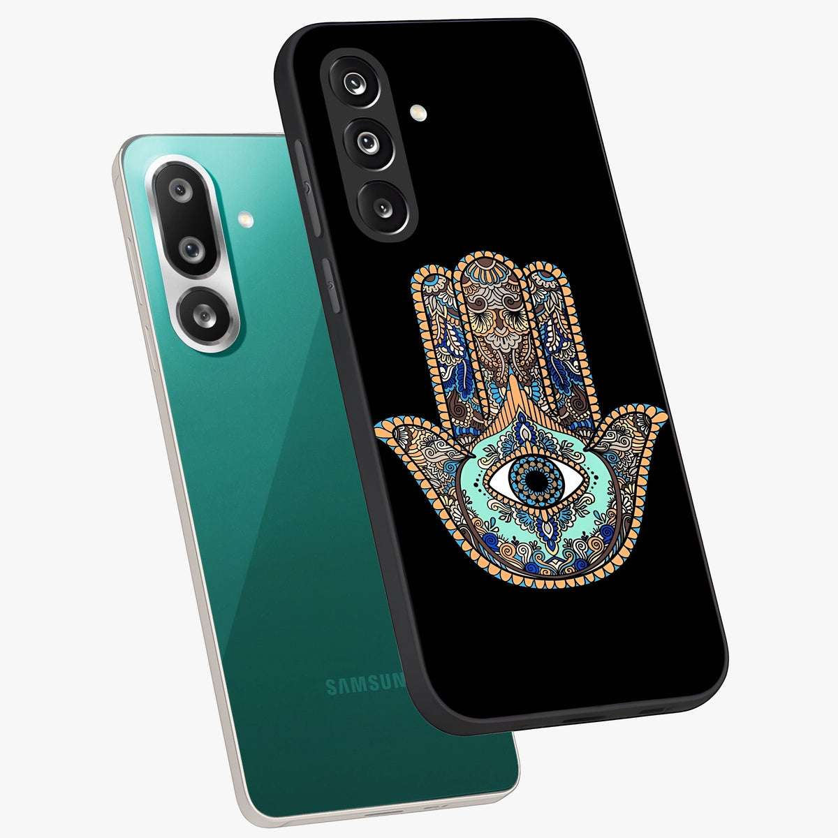 Mystic Hamsa Eye Glass Case displayed in angled mockup highlighting spiritual hamsa symbol with mystical aesthetic style.