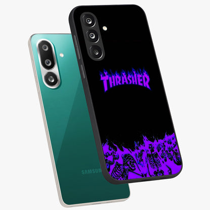 Neon Flame Riot Glass Case displayed in angled mockup highlighting glowing flame design with vibrant neon aesthetic.
