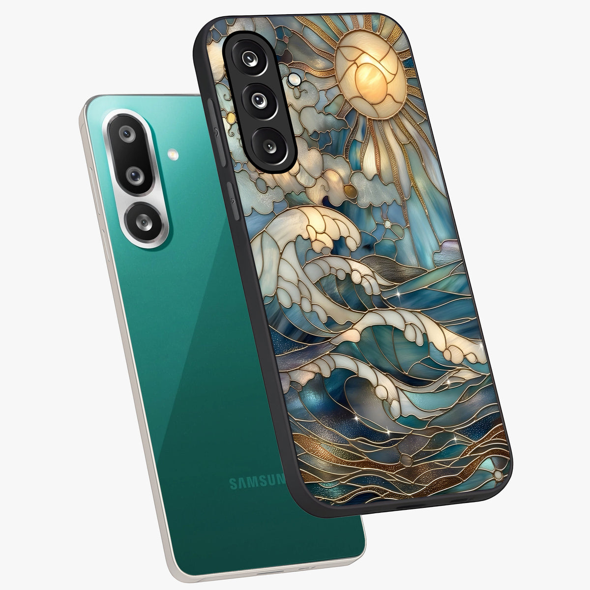 Oceanic Stained Printed Glass Case displayed in angled mockup highlighting colorful aquatic design with artistic aesthetic style.