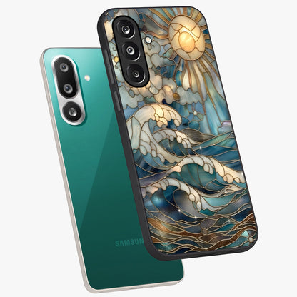 Oceanic Stained Printed Glass Case displayed in angled mockup highlighting colorful aquatic design with artistic aesthetic style.