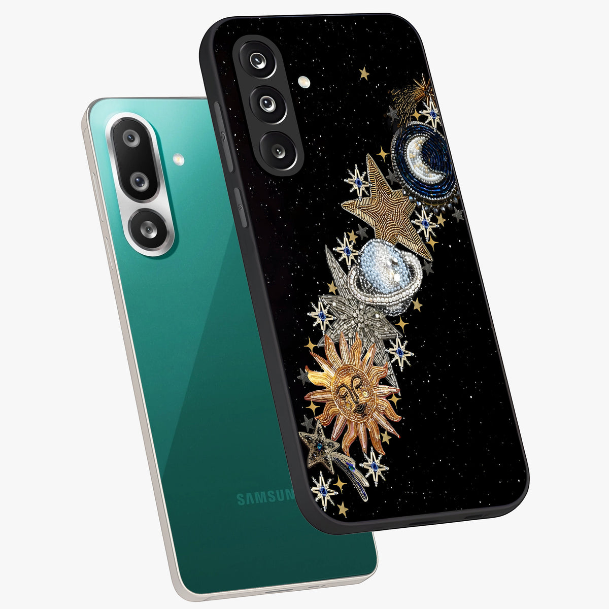 Pearls Universe Object Glass Case displayed in angled mockup highlighting celestial pearl design with dreamy aesthetic.
