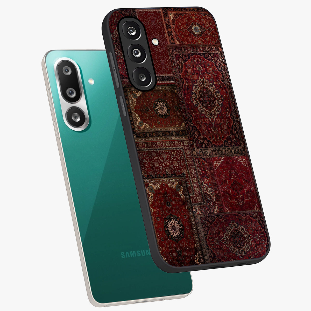 Persian Velvet Tale Glass Case displayed in angled mockup highlighting ornate textile inspired design with royal aesthetic.