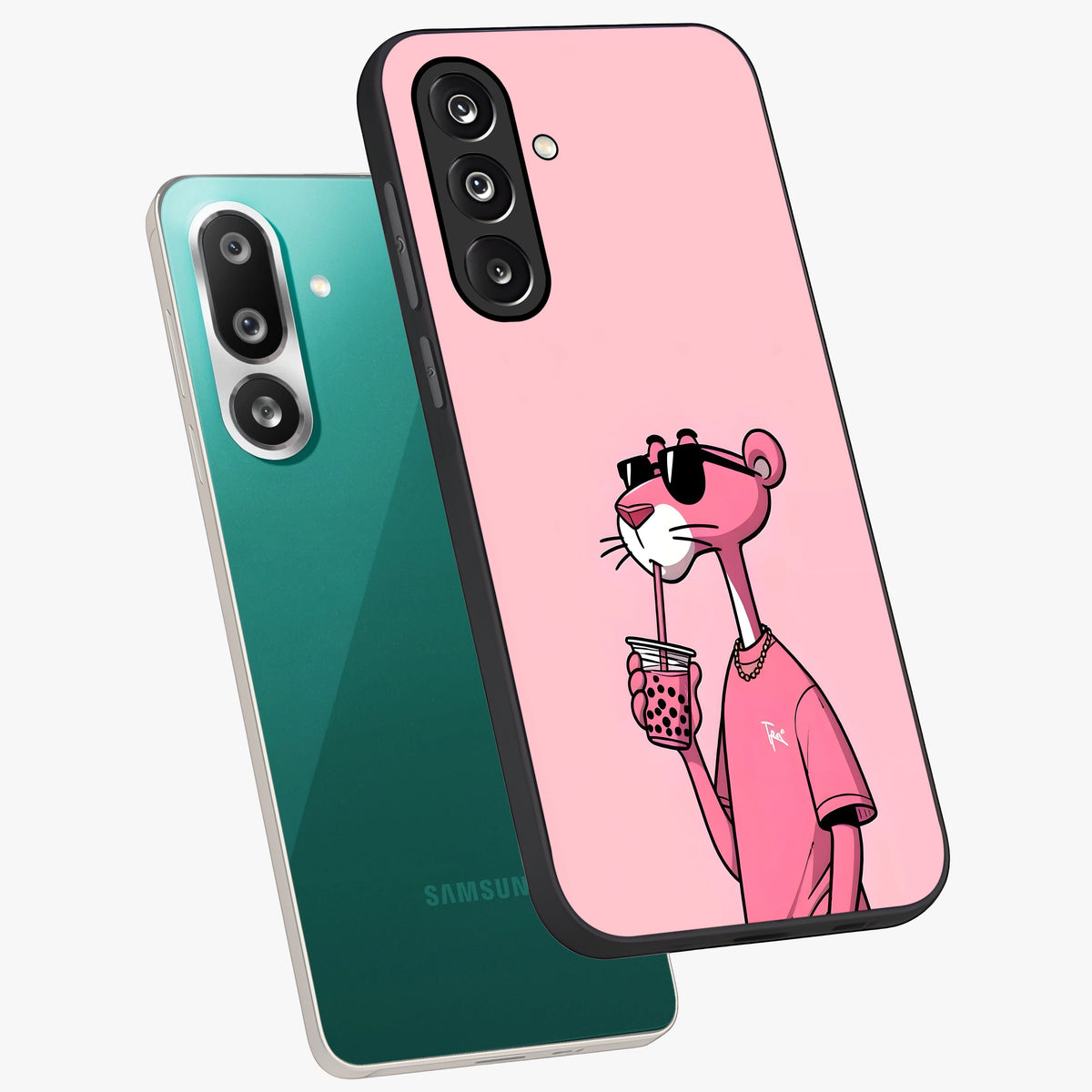 Pink Panther Glass Case displayed in angled mockup highlighting playful cartoon character design with vibrant pink aesthetic.