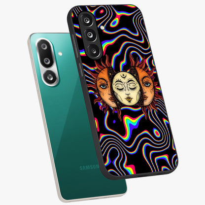 Psychedelic Sun Glass Case displayed in angled mockup highlighting vibrant abstract sun design with artistic aesthetic style.