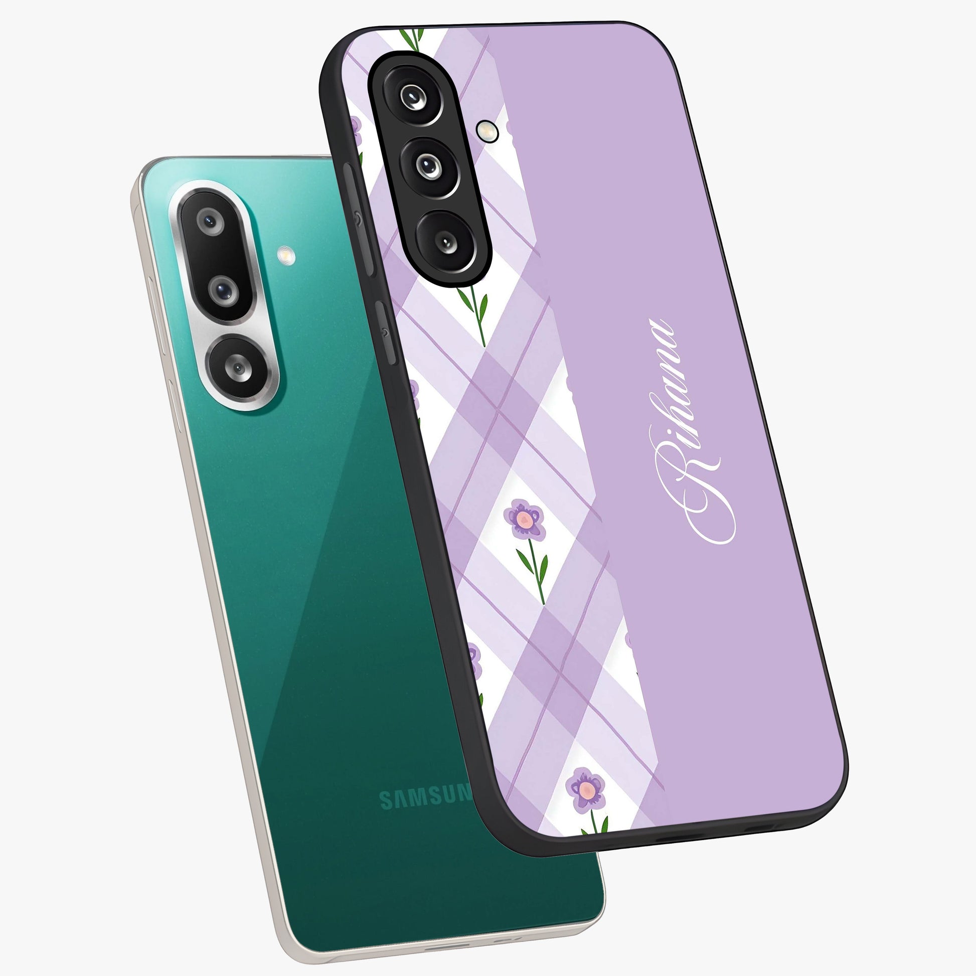 Purple Diamond Floral Glass Case displayed in angled mockup highlighting elegant purple flower design with decorative pattern.