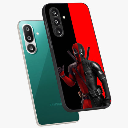 Red & Black Deadpool Theme Glass Case displayed in angled mockup highlighting vibrant superhero style illustration with action aesthetic.