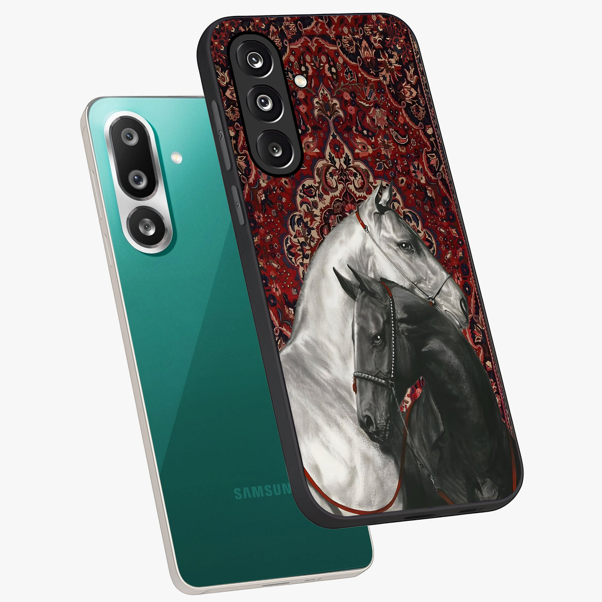 Regal Stallion Tapestry Glass Case displayed in angled mockup highlighting royal stallion design with decorative heritage aesthetic.