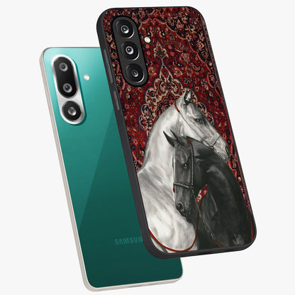 Regal Stallion Tapestry Glass Case displayed in angled mockup highlighting royal stallion design with decorative heritage aesthetic.