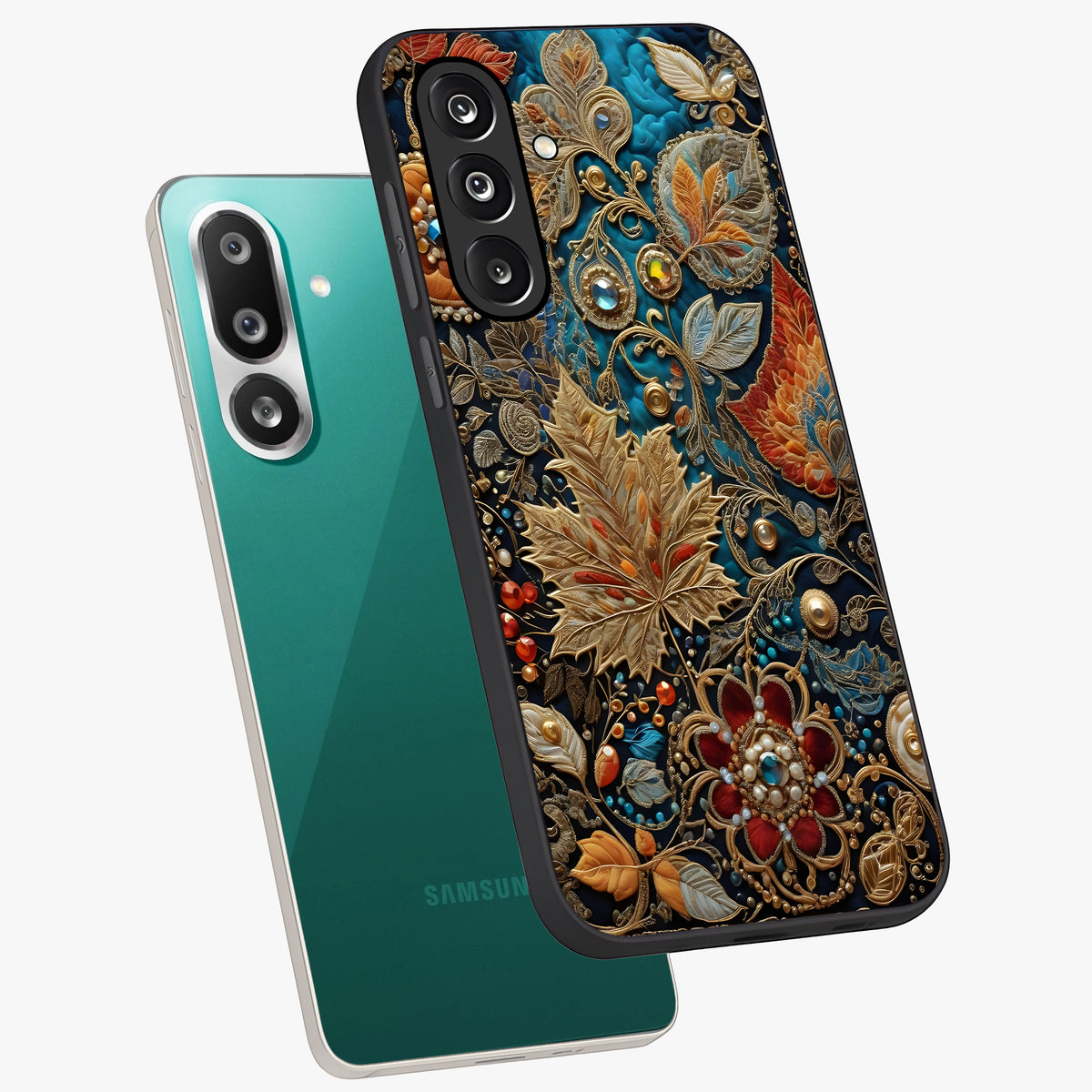 Royal Jewel Garden Glass Case displayed in angled mockup highlighting vibrant jewel inspired floral design with elegant aesthetic.