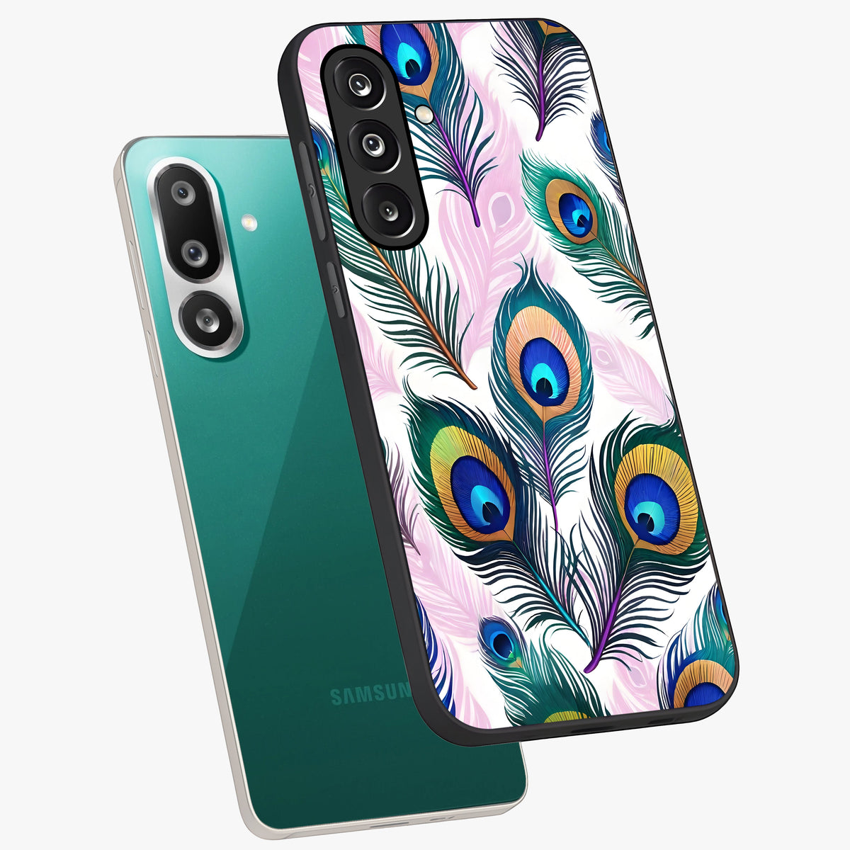 Royal Peacock Feathers Glass Case displayed in angled mockup highlighting vibrant feather pattern with regal aesthetic style.