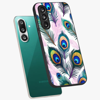 Royal Peacock Feathers Glass Case displayed in angled mockup highlighting vibrant feather pattern with regal aesthetic style.