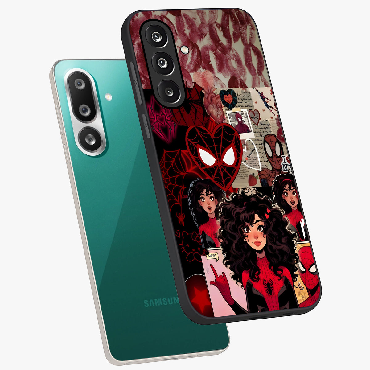 Spider Love Story Glass Case displayed in angled mockup highlighting expressive comic inspired design with playful aesthetic.