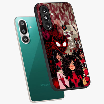 Spider Love Story Glass Case displayed in angled mockup highlighting expressive comic inspired design with playful aesthetic.