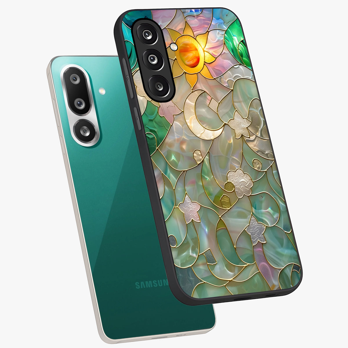 Stained Sunrise Glow Glass Case displayed in angled mockup highlighting radiant sunrise design with artistic aesthetic style.