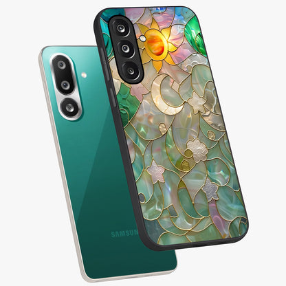 Stained Sunrise Glow Glass Case displayed in angled mockup highlighting radiant sunrise design with artistic aesthetic style.