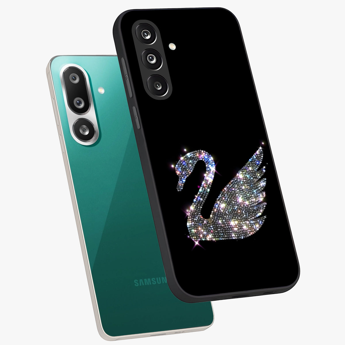 Starlit Swan Grace Glass Case displayed in angled mockup highlighting elegant swan illustration with dreamy celestial aesthetic.