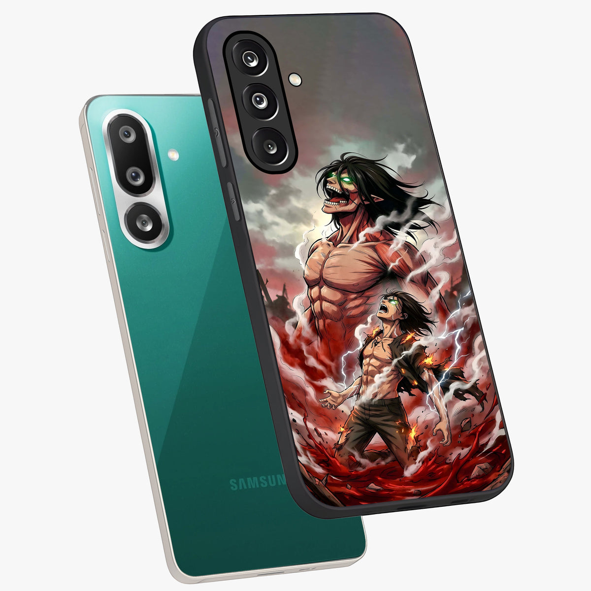 Titan Awakening Fury Glass Case displayed in angled mockup highlighting dramatic giant warrior design with bold anime aesthetic.