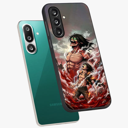 Titan Awakening Fury Glass Case displayed in angled mockup highlighting dramatic giant warrior design with bold anime aesthetic.
