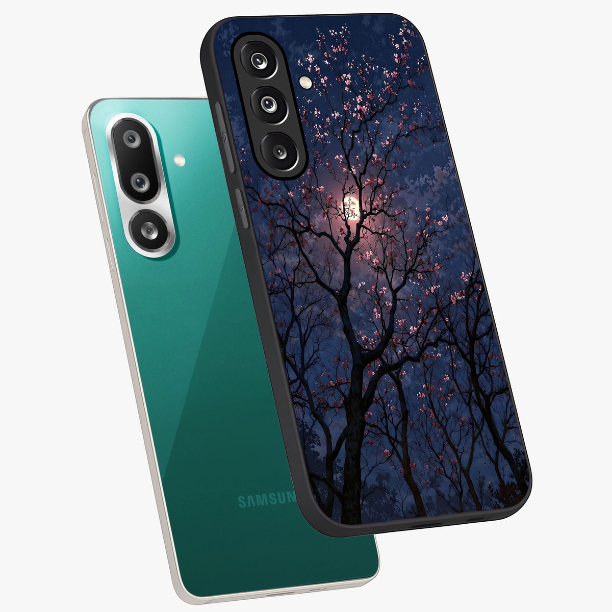 Twilight Sakura Serenade Glass Case displayed in angled mockup highlighting delicate sakura flower design with dreamy aesthetic.