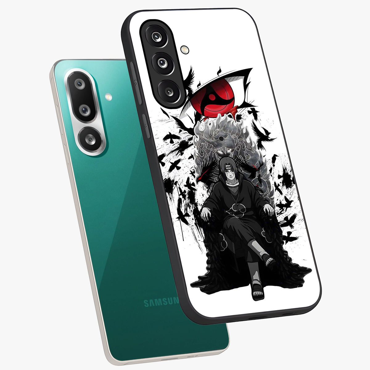 Uchiha Shadow Throne Glass Case displayed in angled mockup highlighting glowing aquatic design with celestial aesthetic.