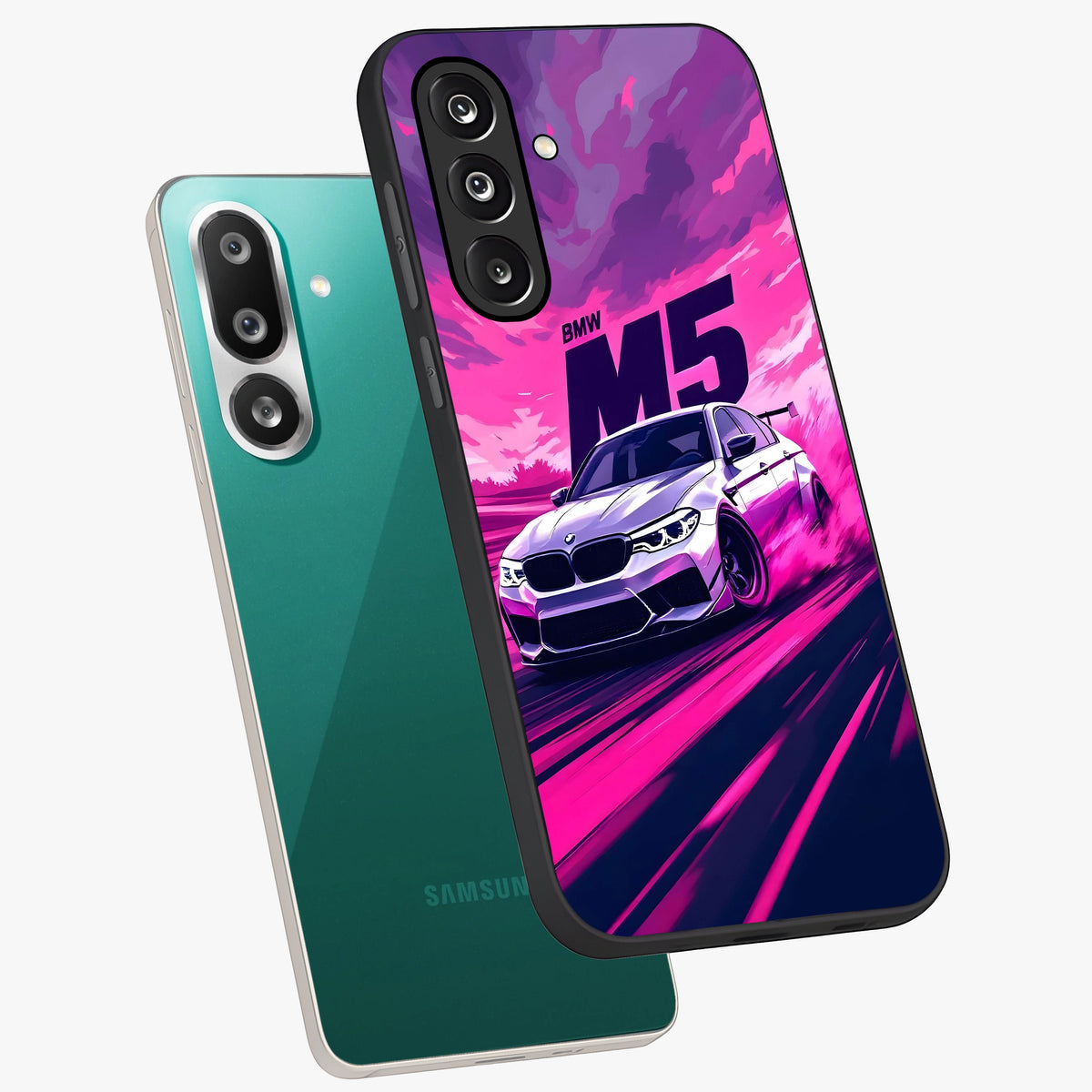 Velocity Drift Pulse Glass Case displayed in angled mockup highlighting dynamic drift design with sporty automotive aesthetic.