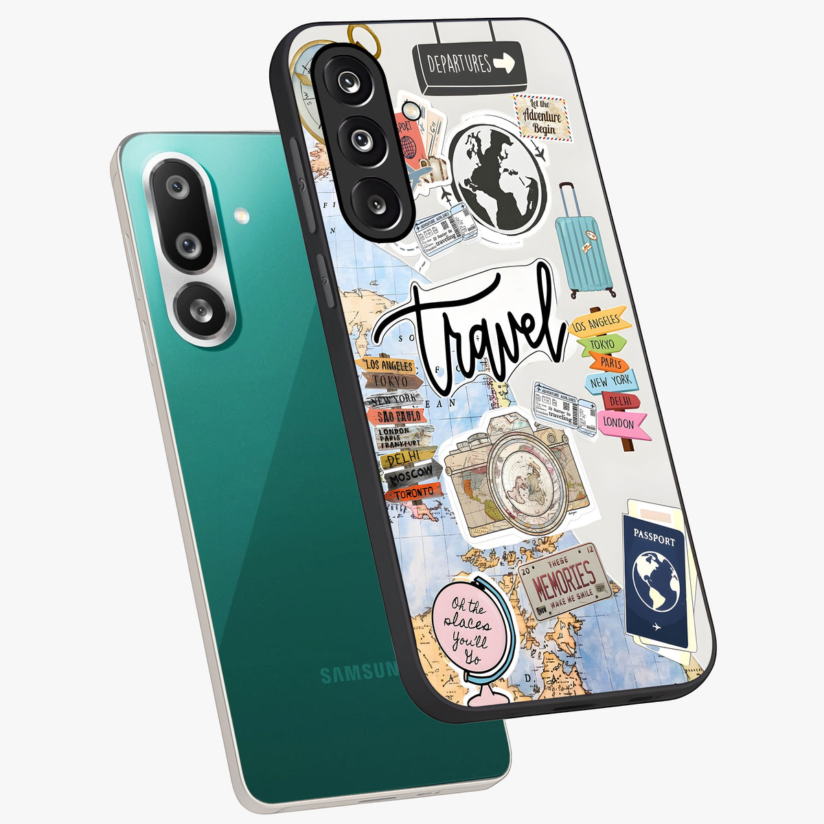 Wanderlust Journal Glass Case displayed in angled mockup highlighting adventure themed design with aesthetic travel vibe.