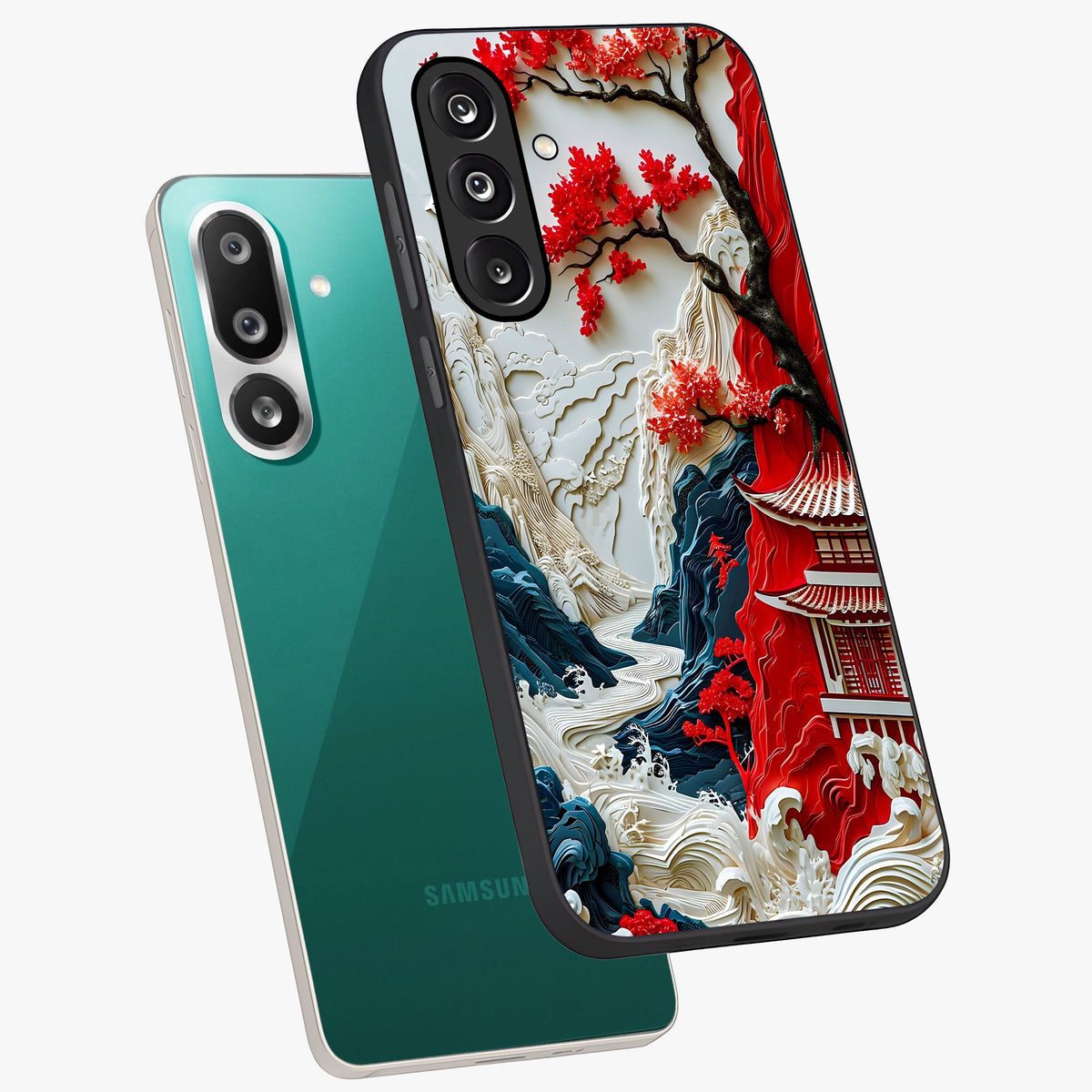 Whispers Of Sakura Waves Glass Case displayed in angled mockup highlighting flowing sakura design with soft floral aesthetic.